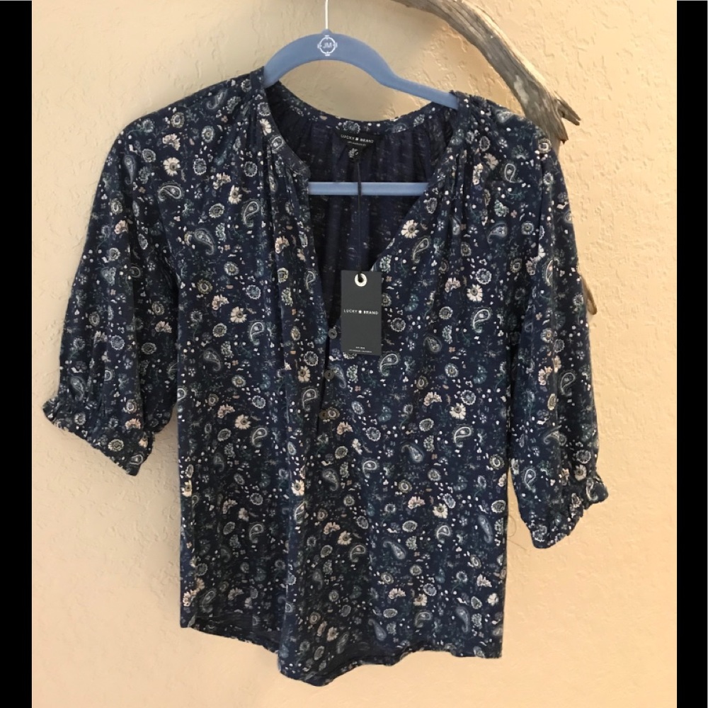 Lucky Brand Paisley blue print short sleeve blouse NWT